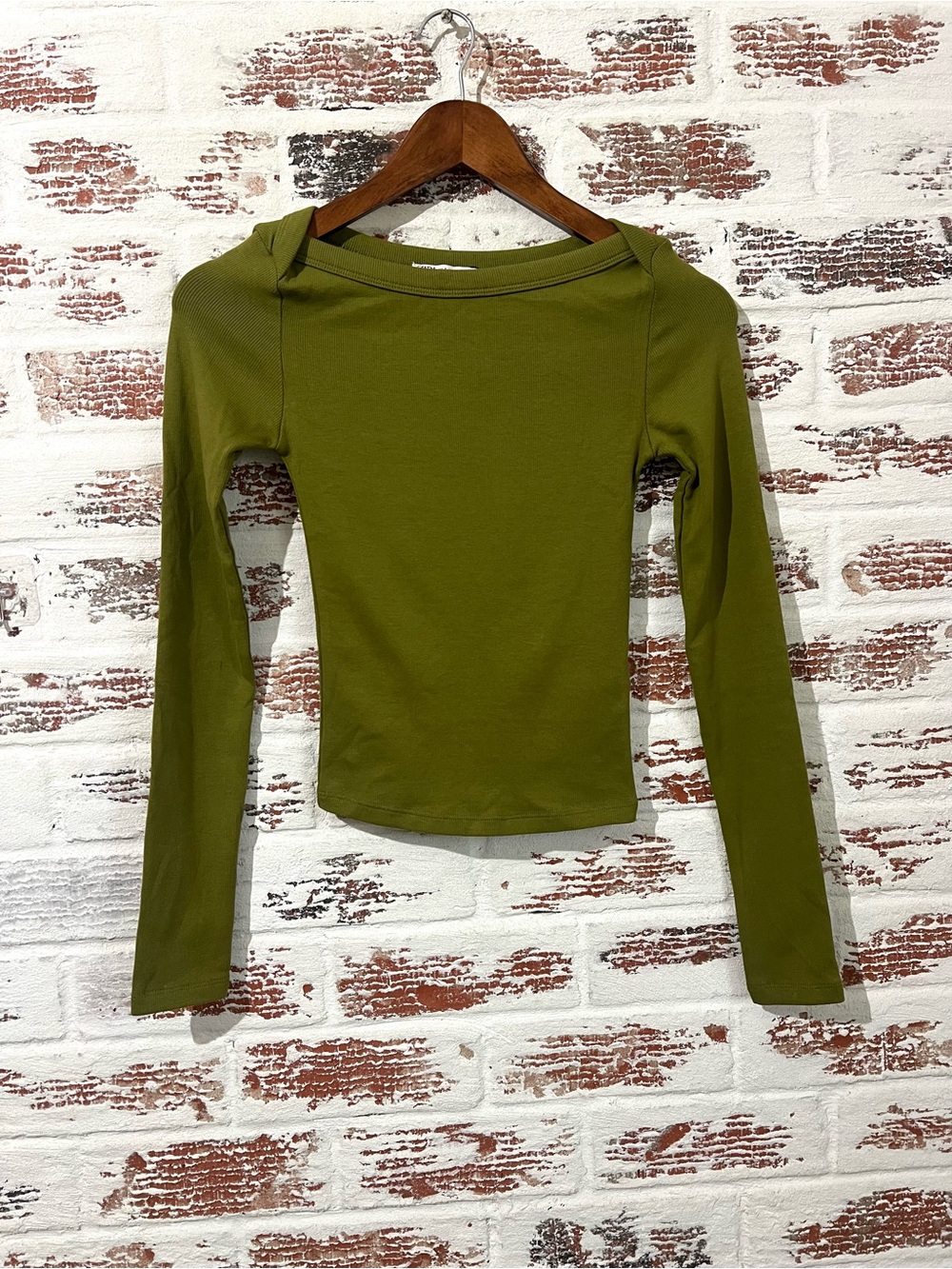 Zara Top Ribbed Knit Long Sleeve Y2K 90s Minimalist Earthy Olive Green Clean S